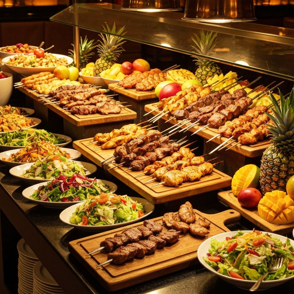 Buffet Casa da Ba Grill com carnes grelhadas e acompanhamentos